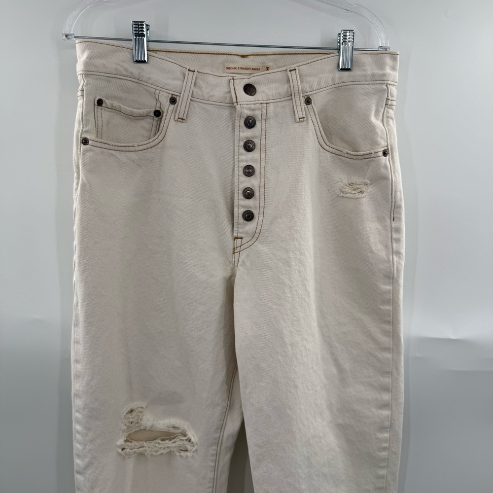 Levi’s Ribcage Straight Ankle Jeans Size 31 Ecru High Rise Button Fly Distressed - Picture 7 of 15